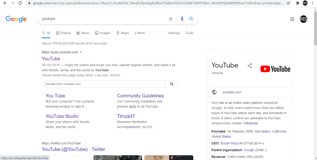 I had searched "youtube" on the Google Search Engine and I am using the Search Results Page For Demonstrating.